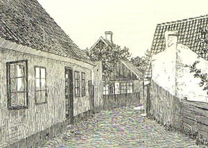 Håndtegning (1937) af Skyllebakkehusene i Frederikssund